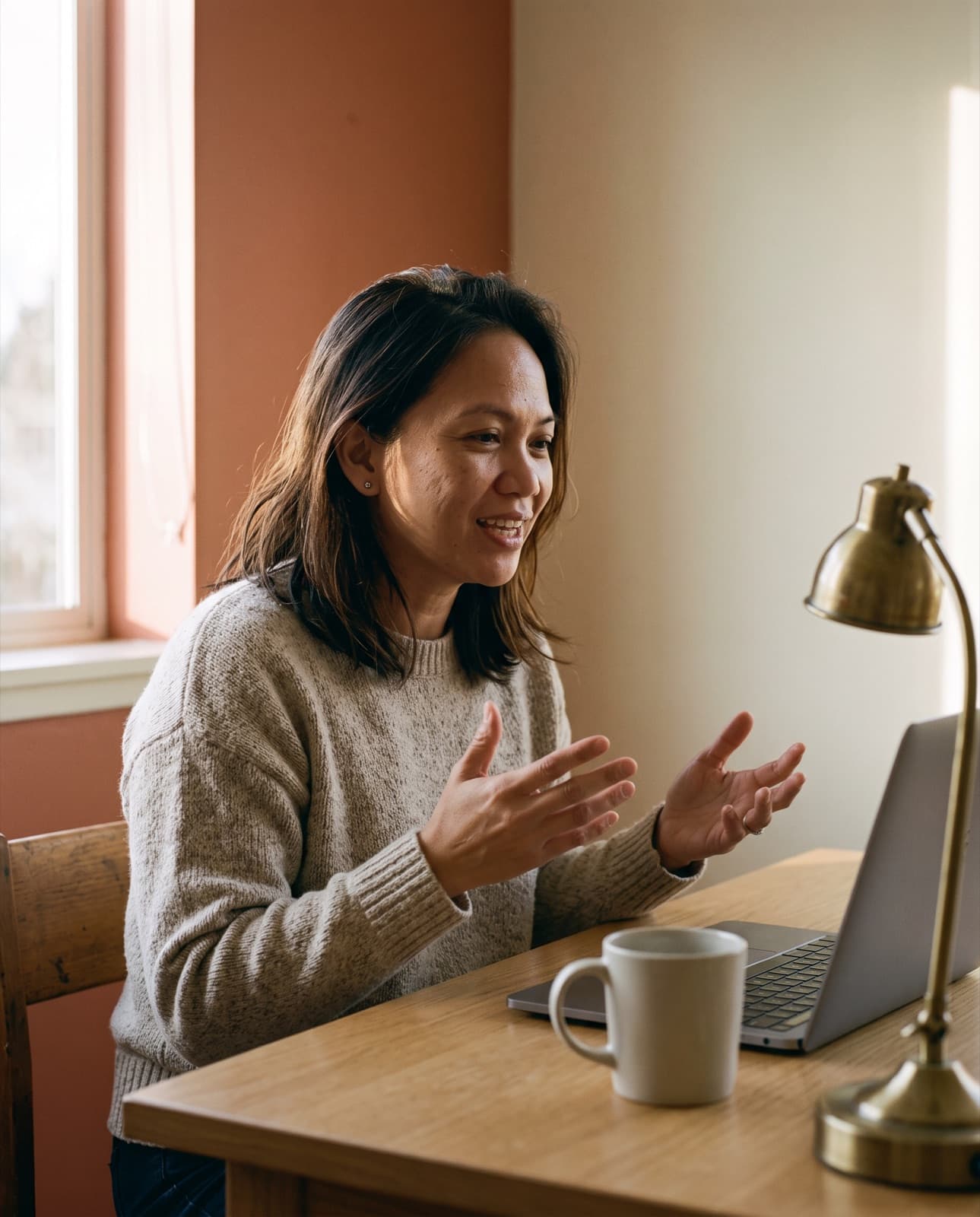 A tutor mid-lesson, speaking to a student on screen