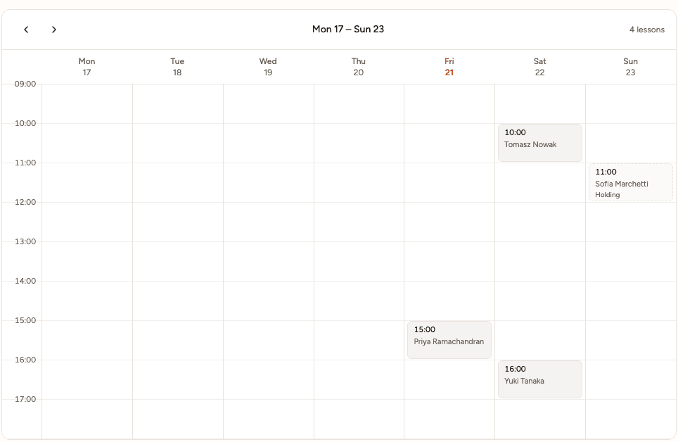 A tutor's week in the TutorBoost schedule, with four booked lessons across Friday, Saturday and Sunday